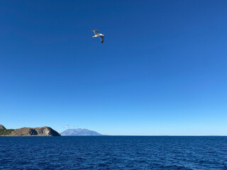Fototapeta na wymiar Panoramic View of the Greek island Samothrace from the ship deck on Gokçeada sea with seagulls on sky in Turkey. In this frame, two islands appear side by side.