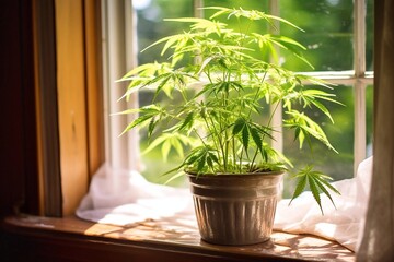 Cannabis plant in a pot on the window and sunlight on the leaves