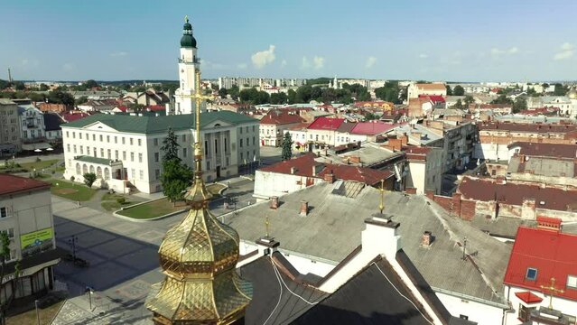 City center of Drohobych, Ukraine. Aerial photography of the city hall in the historical and cultural center of Drohobych, panoramic view of the city.