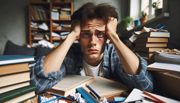 Joven estudiante con ojeras, sentado en el escritorio, abrumado por la presi&oacute;n acad&eacute;mica y el estr&eacute;s de ex&aacute;menes, rodeado de libros y notas, en busca de concentraci&oacute;n y sabidur&iacute;a en su estudio.