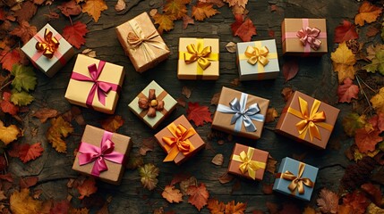 autumn leaves background with gifts