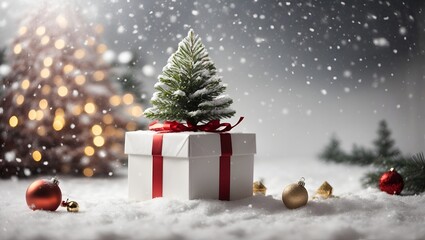 Fototapeta na wymiar A Festive Miniature Christmas Tree with a Red Bow