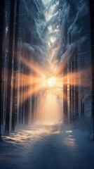 Obraz premium a snowy forest adorned with sparkling snow, bathed in the gentle glow of sun rays.