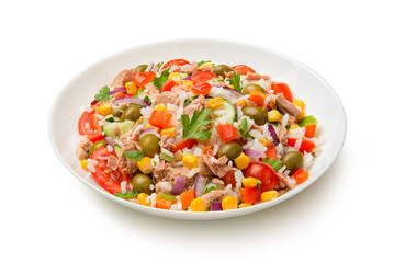 Salad of tuna, rice and vegetables in a white porcelain salad bowl isolated on a white background. - 690752450