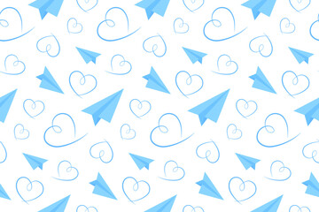 Blue Handmade Paper Plane and Heart. Vector Seamless Pattern. Valentines Day Design, Wrapping Paper