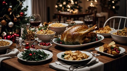 Obraz na płótnie Canvas A Festive Table Set with Delicious Food and a Beautiful Christmas Tree