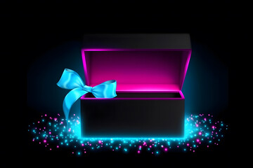 Gift box on a dark magic background with light bokeh. Festive background, magic box with a gift. Neural network AI generated art