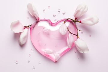 A pink heart with white flowers. Drops of water on a white background.