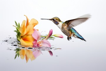 A droplet reflection of a hummingbird hovering over flowers, white background, high resolution, dynamic nature,