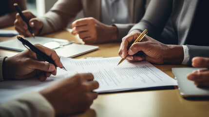 Close-up view of hands signing a document, with multiple individuals engaged in a business meeting around a table. - obrazy, fototapety, plakaty