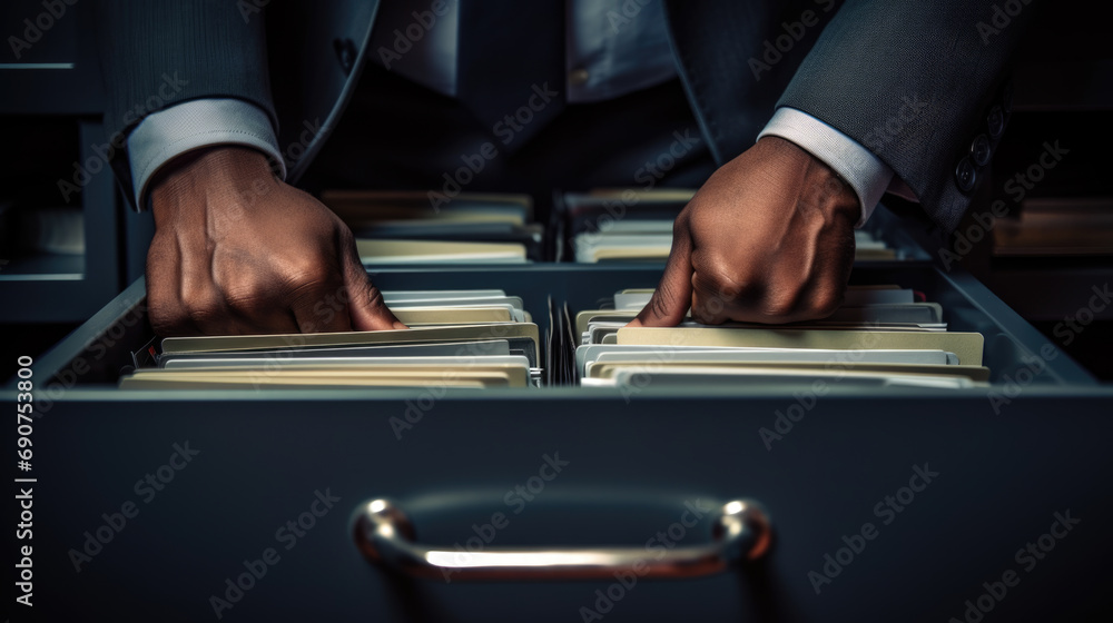 Poster close-up of a person in a business suit searching through open file drawers full of documents.