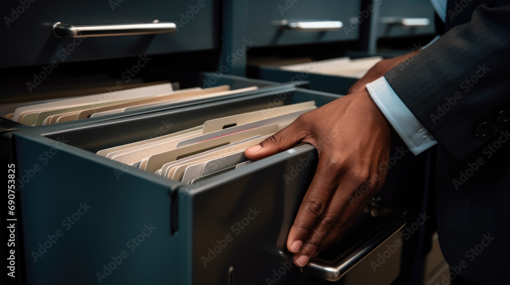 Poster close-up of a person in a business suit searching through open file drawers full of documents.