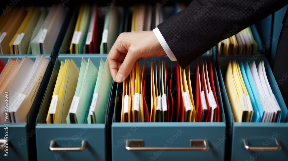 Poster close-up of a person in a business suit searching through open file drawers full of documents.