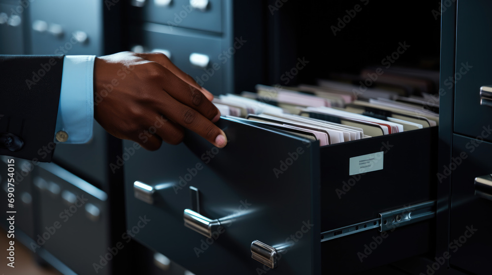Poster close-up of a person in a business suit searching through open file drawers full of documents.