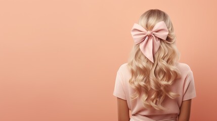 Back view of young beautiful woman with long curly hair and pink bow on her head. Peach Fuzz color background