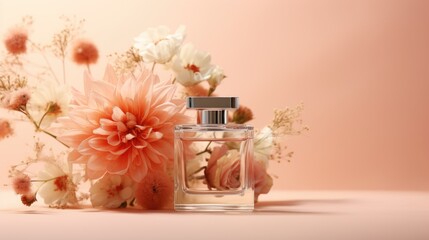 Mock up of glass bottle of perfume with flowers on pastel background. Peach Fuzz color
