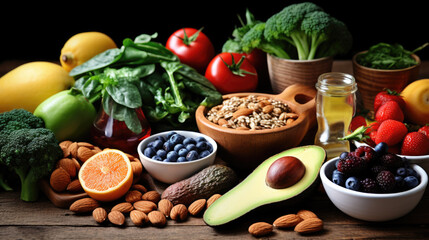 Variety of healthy foods including a fillet of salmon, avocados, nuts, leafy greens, and other vegetables - obrazy, fototapety, plakaty