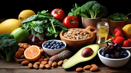Deurstickers Variety of healthy foods including a fillet of salmon, avocados, nuts, leafy greens, and other vegetables © MP Studio