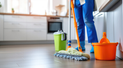 Low section of a person cleaning floor with wet mop at home.