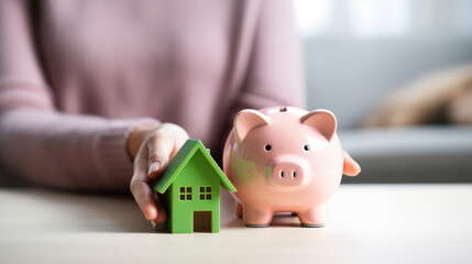 Piggy bank with a miniature house model on its back, cradled by a woman's hands, symbolizing financial security in home ownership.