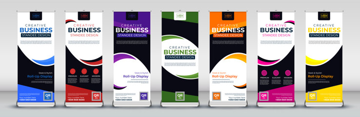 Roll Up Banner Standee and Template set in red, green, blue, yellow, orange, purple, pink for events, presentations, meetings, annual events, streets