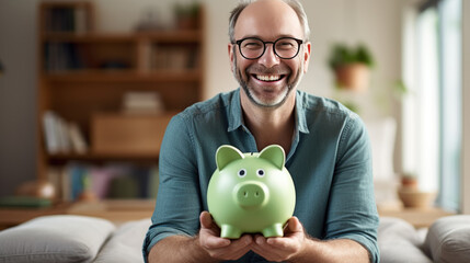 Man holding Piggy bank with a blurred background - obrazy, fototapety, plakaty