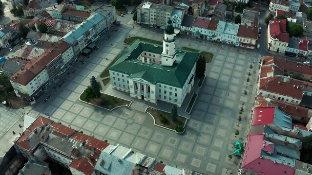 City center of Drohobych, Ukraine. Aerial photography of the city hall in the historical and cultural center of Drohobych, panoramic view of the city.