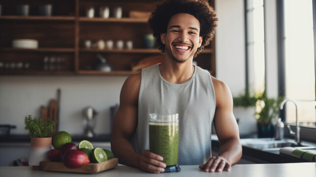 Smiling man in a modern kitchen making smoothie, with fresh ingredients on the countertop.