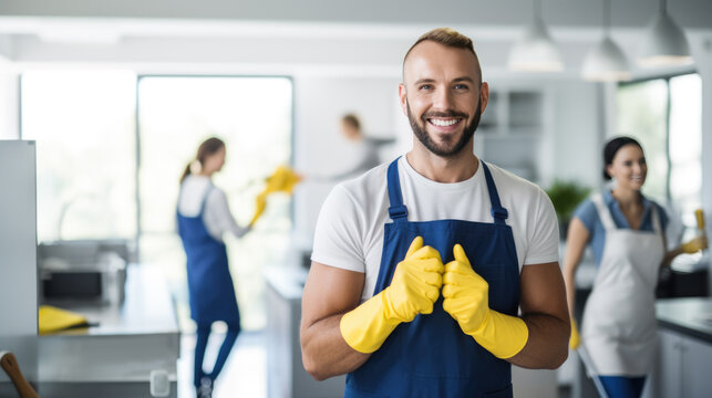 Smiling man in a cleaning service uniform with colleagues in the background, indicating a professional cleaning team at work.