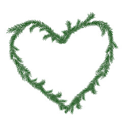 Watercolor heart wreath frame with green pine branches. Sprig of pine hand drawn for wrapping paper, winter holiday decoration, banner, card or invite. Christmas trees modern background