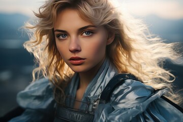 Fototapeta premium A captivating close-up portrait of a woman with her blonde hair windswept against a dramatic mountainous backdrop