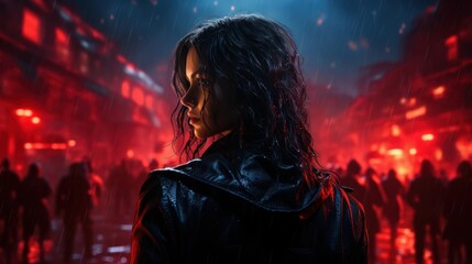 beautiful young woman in a cyberpunk city with neon colors