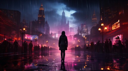 Silhouette of a person standing in a rain-soaked street with vibrant neon city lights and looming skyscrapers