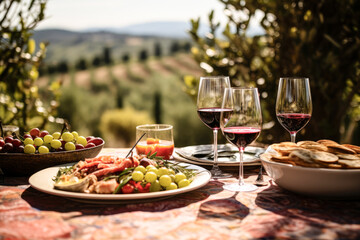 A gourmet spread featuring wine and antipasti on a table with a scenic vineyard view, perfect for a leisurely alfresco meal