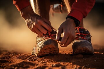 athlete tying his shoelaces on a night run in the countryside - obrazy, fototapety, plakaty