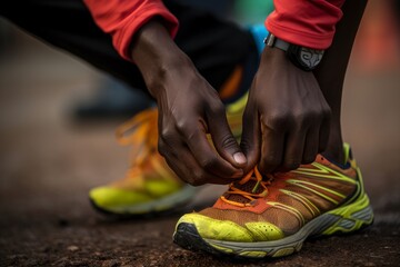 athlete tying his shoelaces on a night run in the countryside - Powered by Adobe