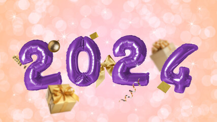 New 2024 Year. Violet number shaped balloons, gift boxes, baubles and confetti on color background with blurred lights, banner design