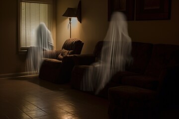 Ghostly Figures in Motion in a Dimly Lit Room - obrazy, fototapety, plakaty
