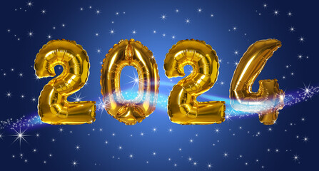 New 2024 Year. Golden number shaped balloons and stars on blue background