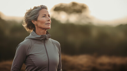  contemplative senior woman gazes into the distance at a foggy mountain landscape
