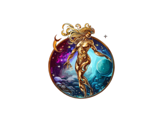 Virgo zodiac sign. Virgo Zodiac symbol with beautiful girl hand drawn vector colorful illustration on black background. Astrological contemporary art, magic female character.