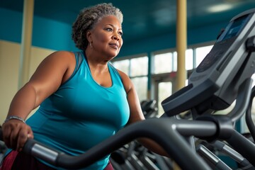 obese black woman in gym to lose weight - obrazy, fototapety, plakaty