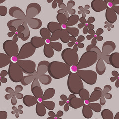 Vector pattern. Floral seamless texture with simple brown flowers and pink centers on a light  background. Elegant repeat design for decor, wallpapers, fabric, print, linen products,cover