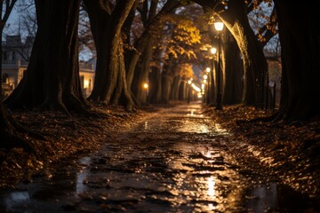 Rainy Autumn Evening on a Lamp-Lit Park Pathway