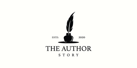 The Author Story Logo Design. Feather Ink with Classic Style. Icon Symbol Vector Design Template.