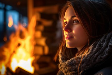 young woman in a mountain hut with a warm fire in the fireplace