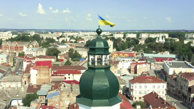City center of Drohobych, Ukraine. Aerial photography of the city hall in the historical and cultural center of Drohobych, panoramic view of the city.