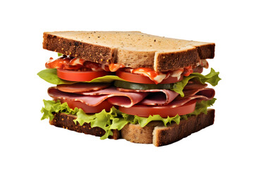 Close up photo of big and tasty sandwich without background. Transparent PNG inside