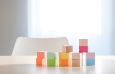 children's toy geometrical cubes on a white wooden table soft li