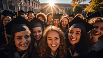 A jubilant group of graduates celebrates their achievement, capturing a moment of joyous success in their academic gowns and caps.
